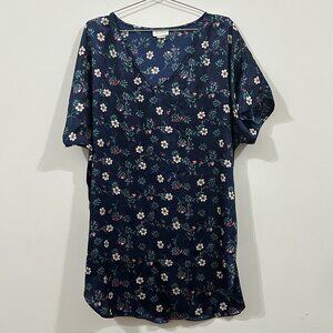 BARBIZON Nightgown Womens Large VTG 80s Navy Floral Vibrant Satiny Short Sleeve